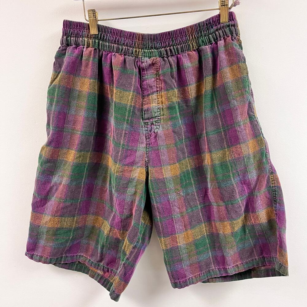Men's Vintage elastic waist LG purple gold green plaid board shorts 100% Cotton